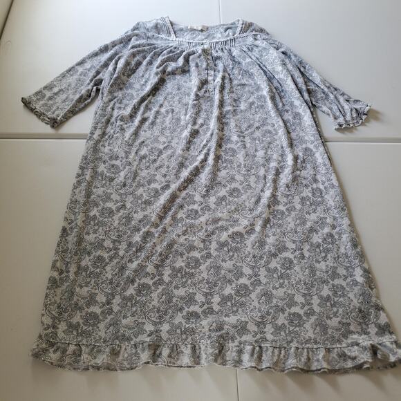 Eileen West Nightgown Womens 1X Gray Floral Lace Trim 3/4 Sleeve Ruffle Hem - Picture 1 of 9